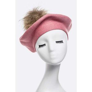 Genuine Fur Pom Cashmere Beret - Pink